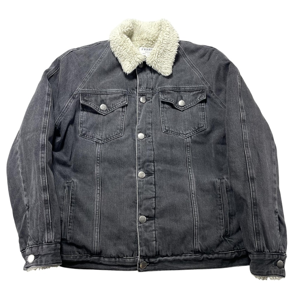 FRAME Navigator Jacket Mens Small Gray Sherpa Fleece Denim Trucker Bomber